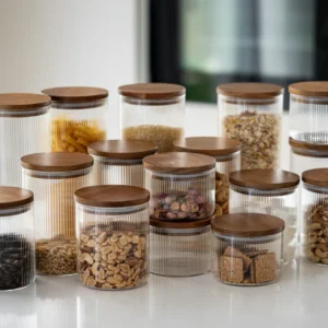 Stripe voorraadpotten met acaciadeksel bundel | 16-delig