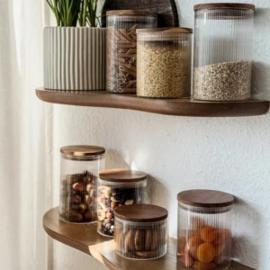 Stripe voorraadpotten met acaciadeksel bundel | 16-delig