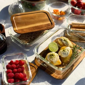 Glazen vershoudbakje met acaciahouten deksel rechthoekig | 1050 ml