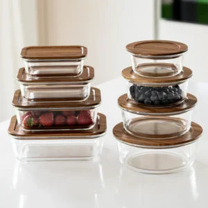 Glazen vershoudbakje met acaciahouten deksel rechthoekig | 1520 ml