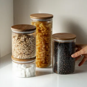 Voorraadpot Stripe met acaciadeksel | 2 stuks | 1000 ml