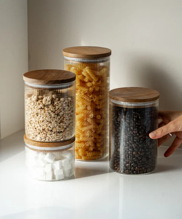 Voorraadpot Stripe met acaciadeksel | 2 stuks | 1500 ml