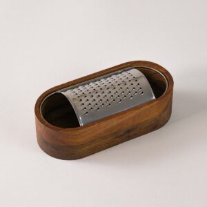 Rvs rasp met acacia houten opvangbakje
