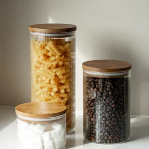 Voorraadpot Stripe met acaciadeksel | 2 stuks | 1000 ml