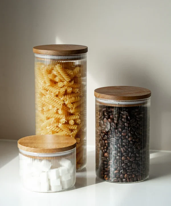 Voorraadpot Stripe met acaciadeksel | 2 stuks | 1500 ml