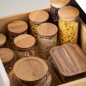 Glazen vershoudbakje met acaciahouten deksel rechthoekig | 1050 ml