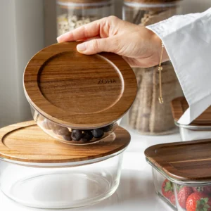 Glazen vershoudbakje met acaciahouten deksel rond | 1300 ml