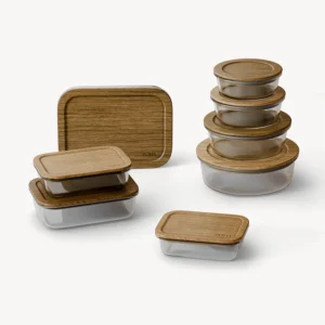 Glazen vershoudbakjes met acaciahouten deksel voordeelset  | 8-delig