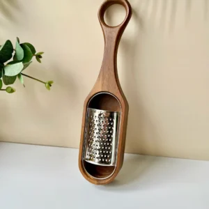 Rvs Ring rasp met acacia houten opvangbakje