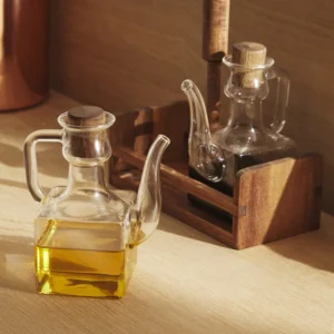 Freesia borosilicaat olie-en-azijnstel met acacia houten houder