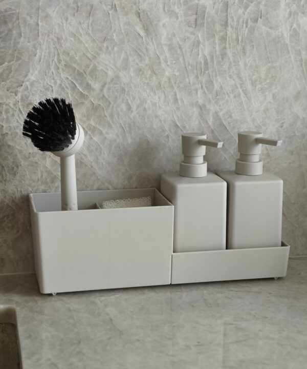 Brown dubbele zeepdispenser set met borstel en houder | Beige
