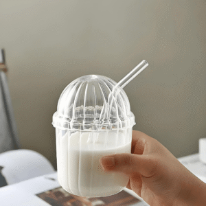 Dome ijskoffieglas met rietje en deksel | 450 ml