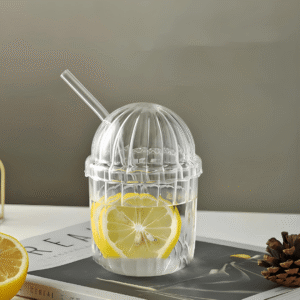 Dome ijskoffieglas met rietje en deksel | 450 ml
