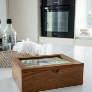 Elva acaciahouten theedoos met glazen deksel – Luxe theekist met 6 vakken 