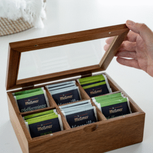 Elva acaciahouten theedoos met glazen deksel – Luxe theekist met 6 vakken 