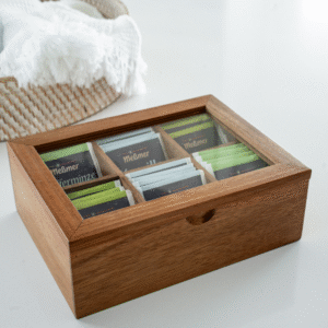 Elva acaciahouten theedoos met glazen deksel – Luxe theekist met 6 vakken 