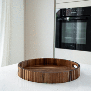 Acaciahouten stripe dienblad – rond houten serveerblad Ø 35,5 cm