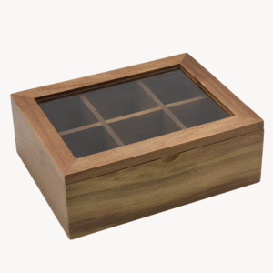 Elva acaciahouten theedoos met glazen deksel – Luxe theekist met 6 vakken 