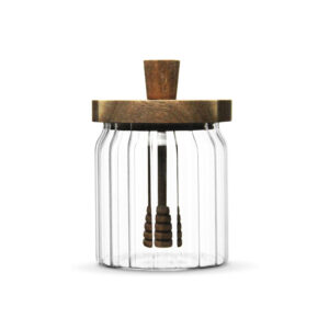 Stripe glazen honingpot met acaciahouten deksel en lepel | 500 ml