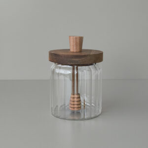 Stripe glazen honingpot met acaciahouten deksel en lepel | 500 ml
