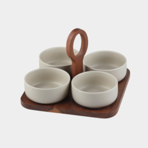 Terra keramische borrelset met acaciahouten handvat