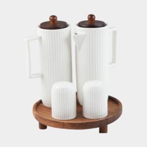 Linens olie- & azijnflessen set met zout- en peperstel – Acaciahouten standaard