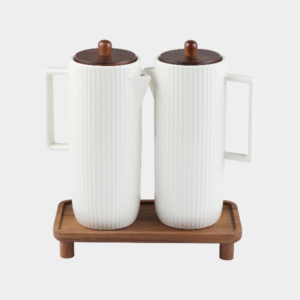 Linens olie- & azijnflessen set met acaciahouten standaard