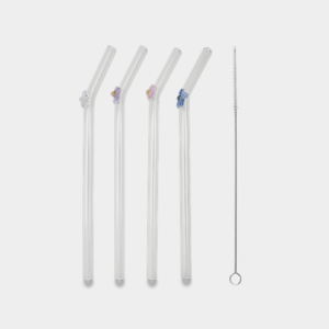 Glazen rietjes met bloemdetail – Set van 4 stuks
