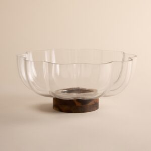 Cloudy glazen schaal met acaciahouten voet | 25,5 cm